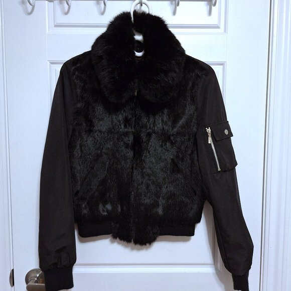 RK Black bomber jacket with rabbit hair front and detachable rabbit hair collar - Picture 8 of 12
